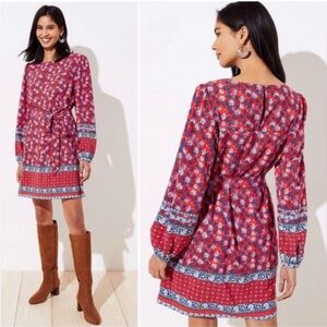 LOFT Red Floral Long Sleeve Tie-Waist Dress with Blue Accents